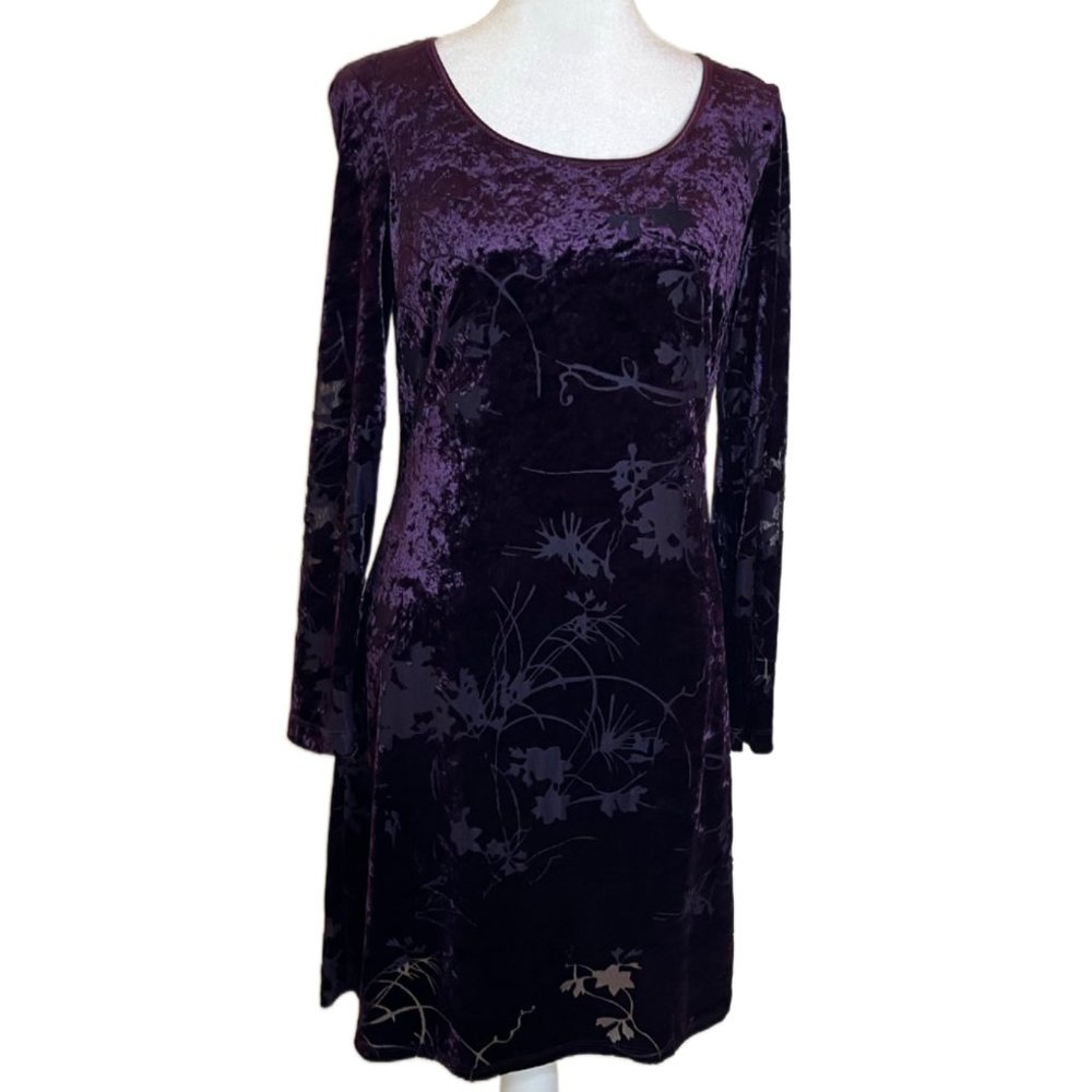 CDC Purple/Plum Velvet/Flocked Damask Floral Long Sleeve Dress  Size 4 - Picture 2 of 15
